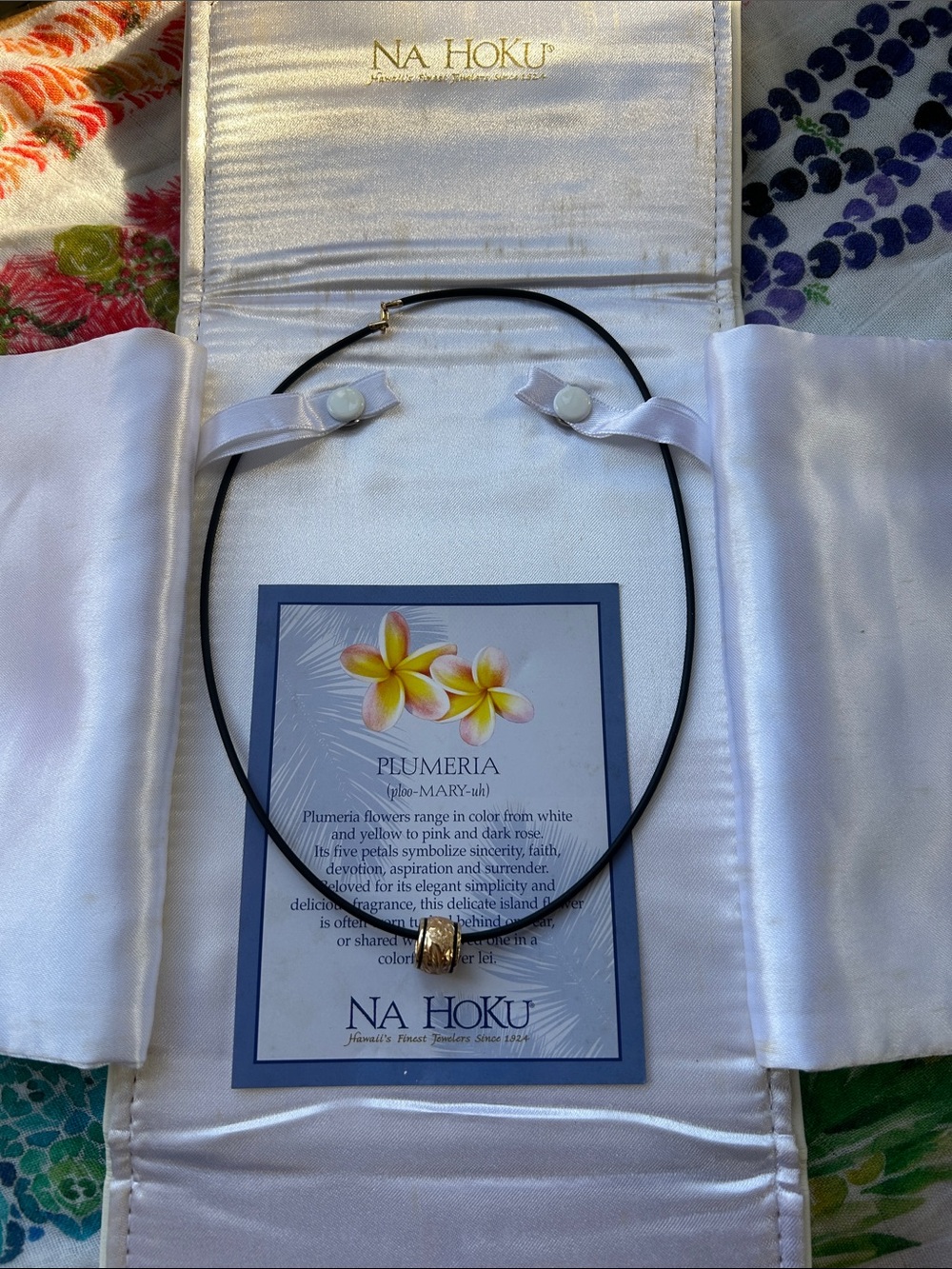 Na Hoku 14k Black Necklace with 14k Gold barrel Bead Plumeria pendant